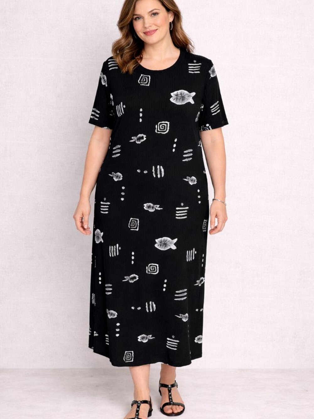 ES SE Dress Women 2X Black White Maxi Fish Beach Resort Vintage 90s Slinky Knit